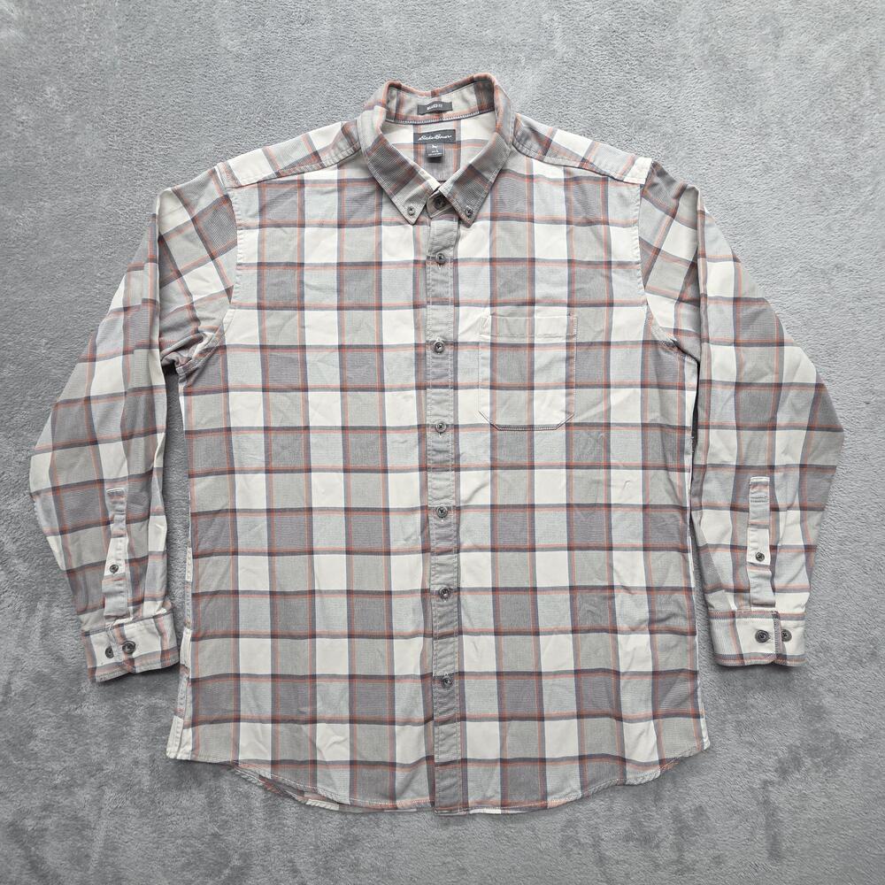 Eddie Bauer Shirt Mens L Beige Plaid Long Sleeve Button Up Relaxed Fit Collared